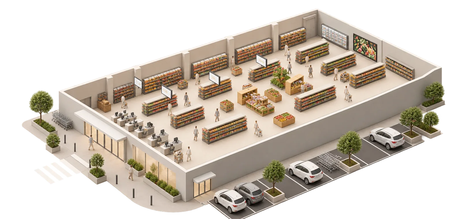 Isometria di una grande superficie con ingresso, casse, corsie, area promozionale, schermi e parcheggio